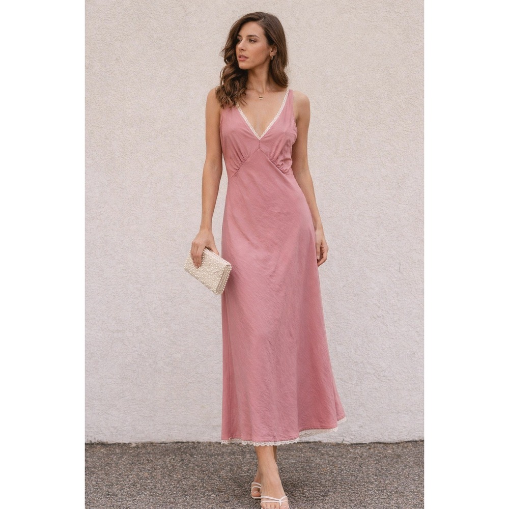 Rolla's Eliza Lace Rose Pink Bamboo Slip Maxi Dress 8 S 90s Minimalist Romantic